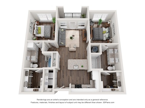 Floor plan for 2 beds, 2 baths, 959 sqft